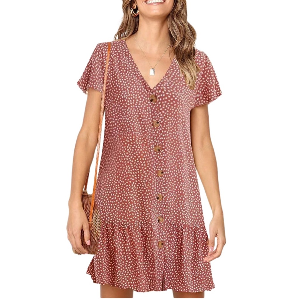 Button Down Ruffle T-Shirt Dress Pink Red White Boho Beach Medium